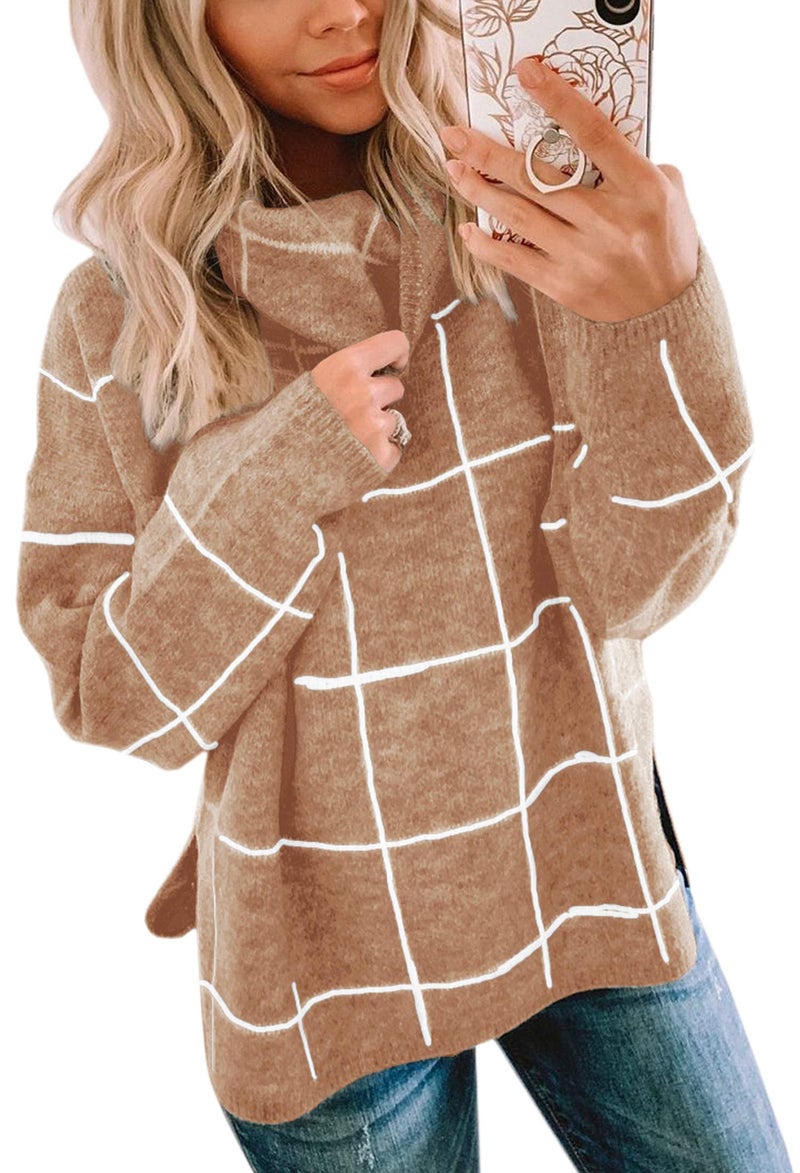 ECOWISH Women Fall Pullover Sweater Turtleneck Plaid Long Sleeve Loose Casual Chunky Checked Knit Winter Sweaters Jumper Tops 014khaki S - Image 1